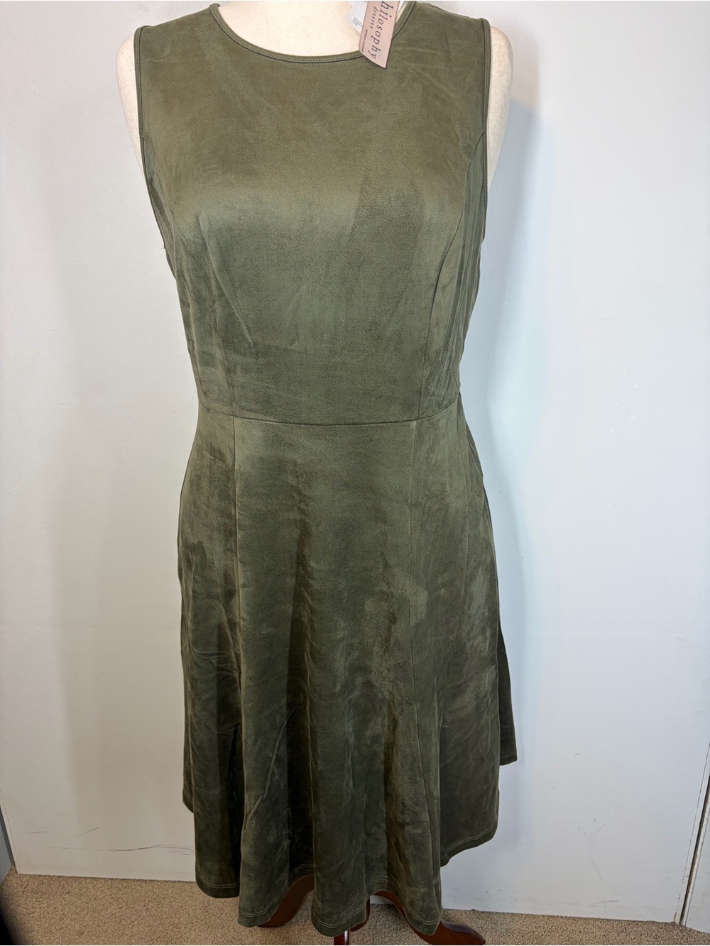 US 10 Philosophy Olive Green faux suede Sleeveless A-Line Dress